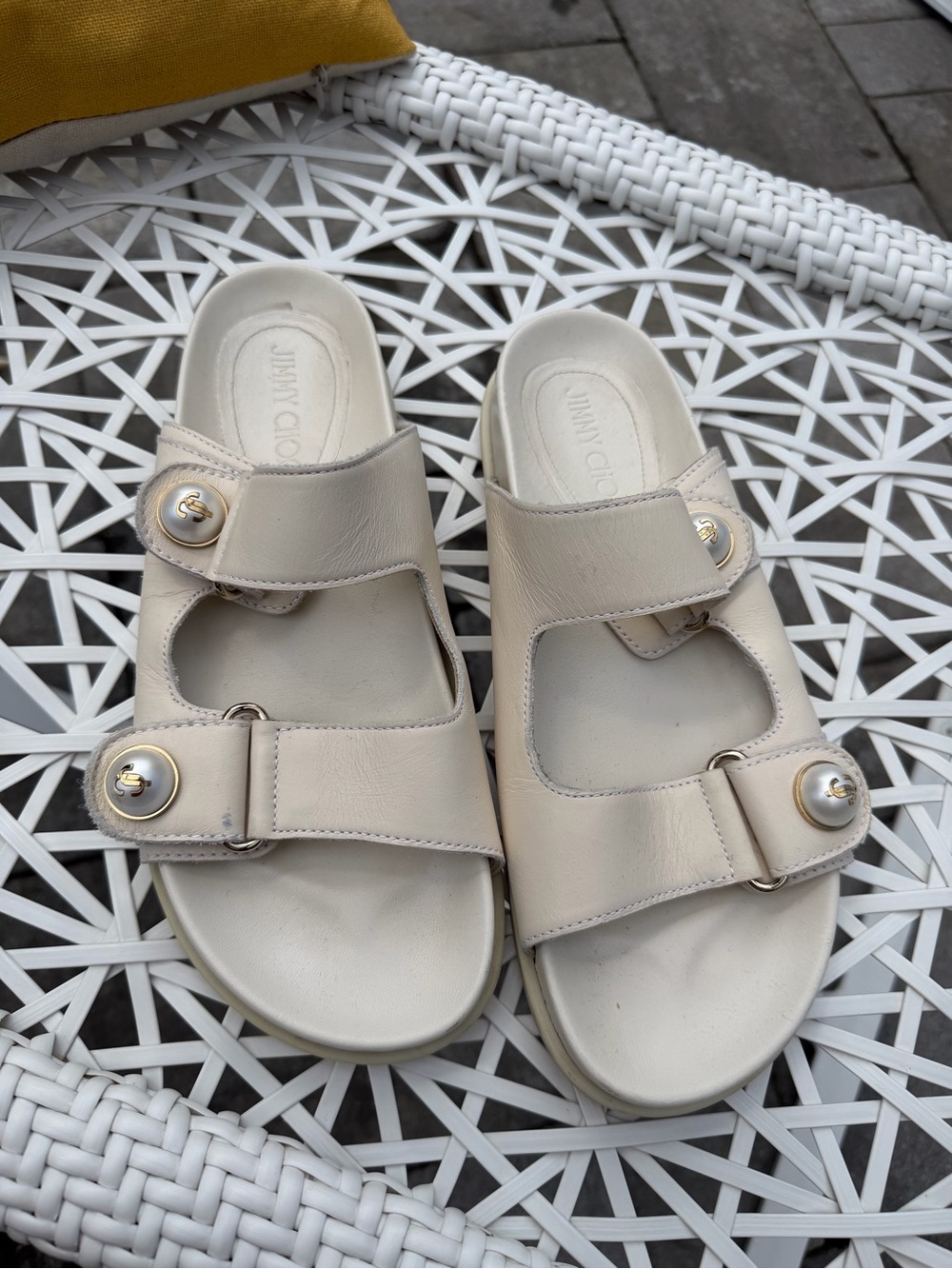 Jimmy Choo Ivory Leather Slide Sandals with Gold-Tone Hardware